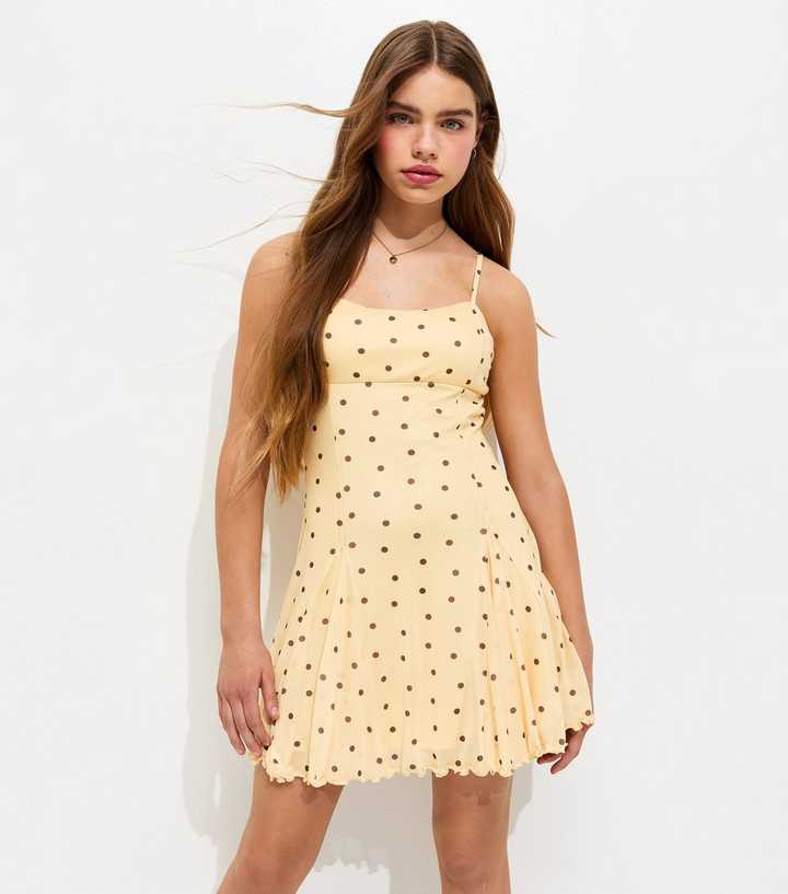 Girls Yellow Polka Dot Godet Panel Dress