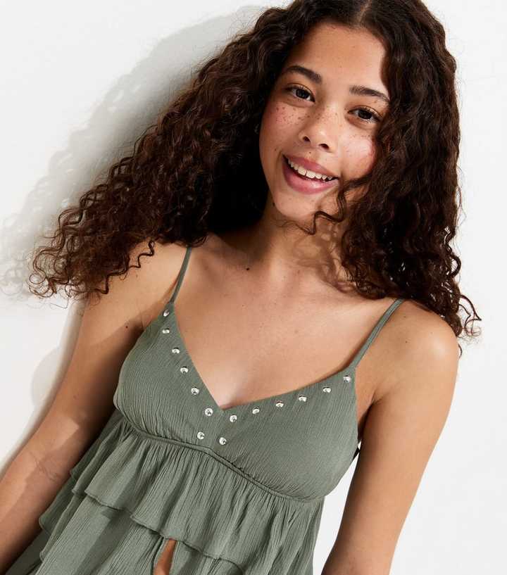 Girls Light Khaki Studded Tiered Cami Top