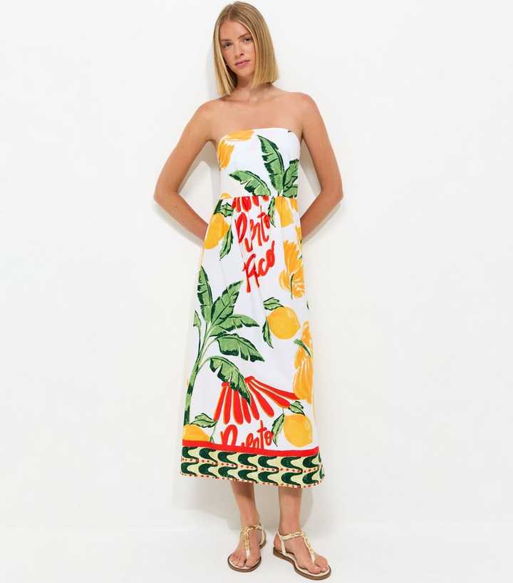 Cream Cotton Tropical Print Bandeau Midi Dress