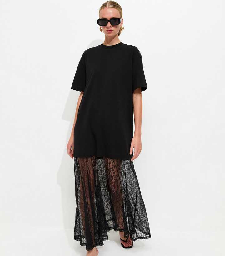 Black Lace Hem T-Shirt Midi Dress