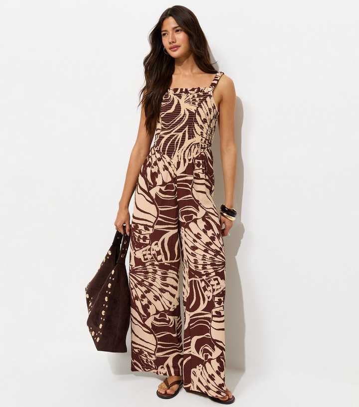 Brown Shell Print Strappy Wide Leg Jumpsuit