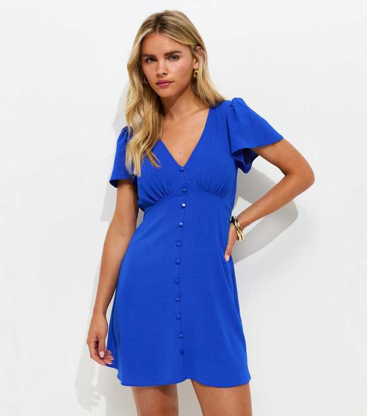 Petite Bright Blue V-Neck Tea Mini Dress