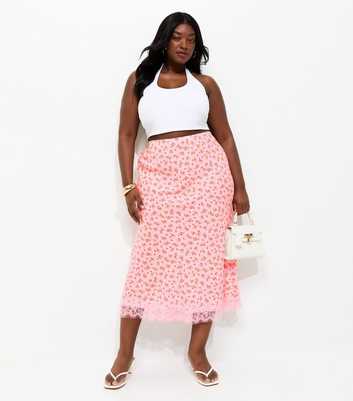 Curves Pink Ditsy Floral Print Lace Trim Midi Skirt