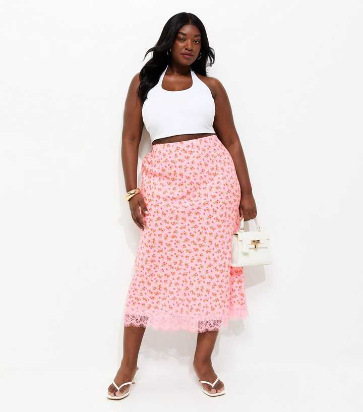 Curves Pink Ditsy Floral Print Lace Trim Midi Skirt