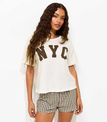 Petite Cream NYC Gingham Print Pyjama Shorts Set