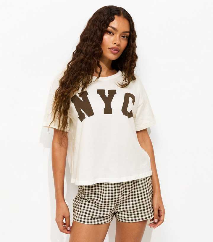 Petite Cream NYC Gingham Print Pyjama Shorts Set