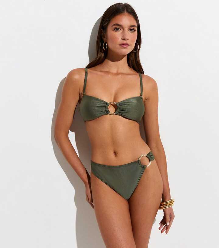 Dark Green Hammered Golden Ring Bandeau Bikini Top