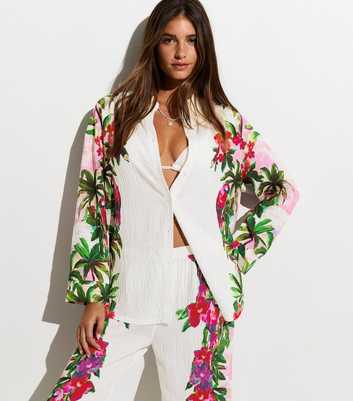 White Crinkle Texture Oversized Parrot Print Beach Shirt