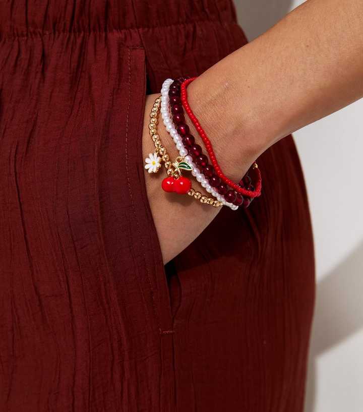 Pack of 4 Red Stretchy Beaded Charm Bracelets