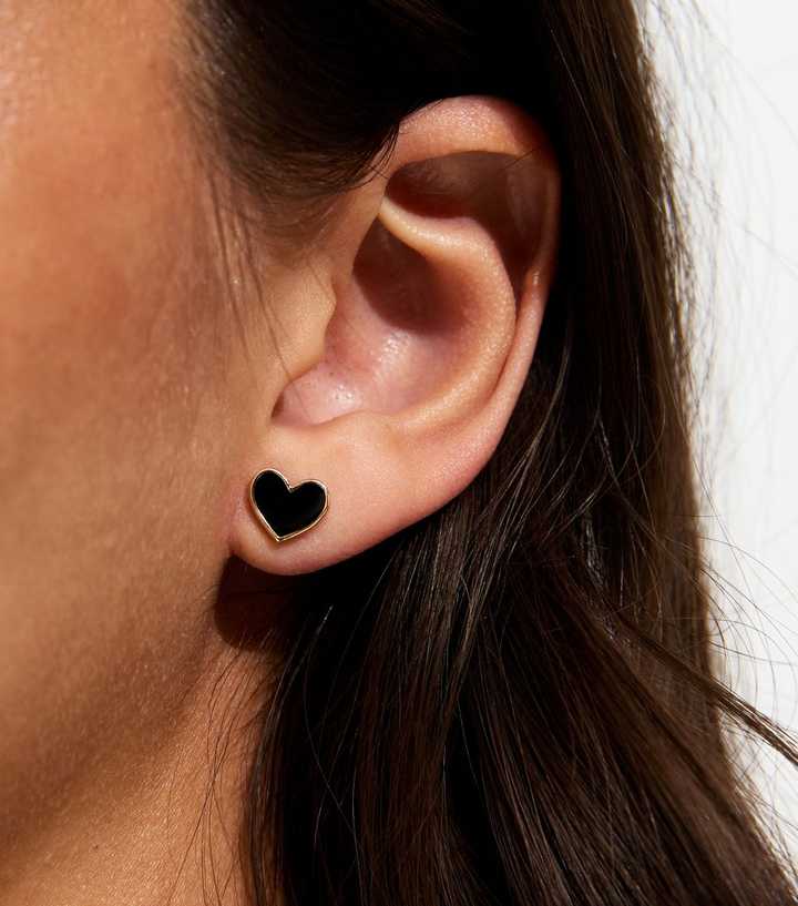 Gold Tone Black Mini Heart Stud Earrings