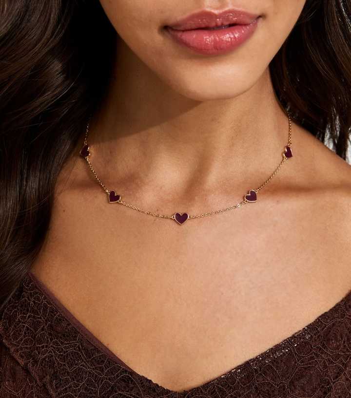 Gold Tone Dark Brown Mini Enamel Heart Necklace