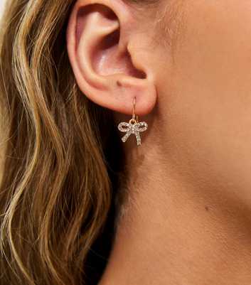 Gold Tone Diamanté Bow Drop Earrings