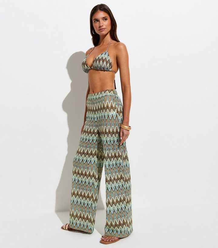 Blue Zig Zag Crochet Knit Beach Trousers