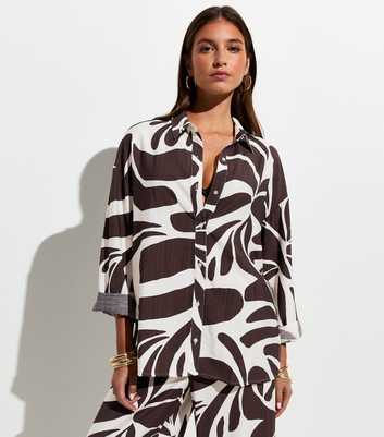 Brown Woven Leaf Print Beach Shirt