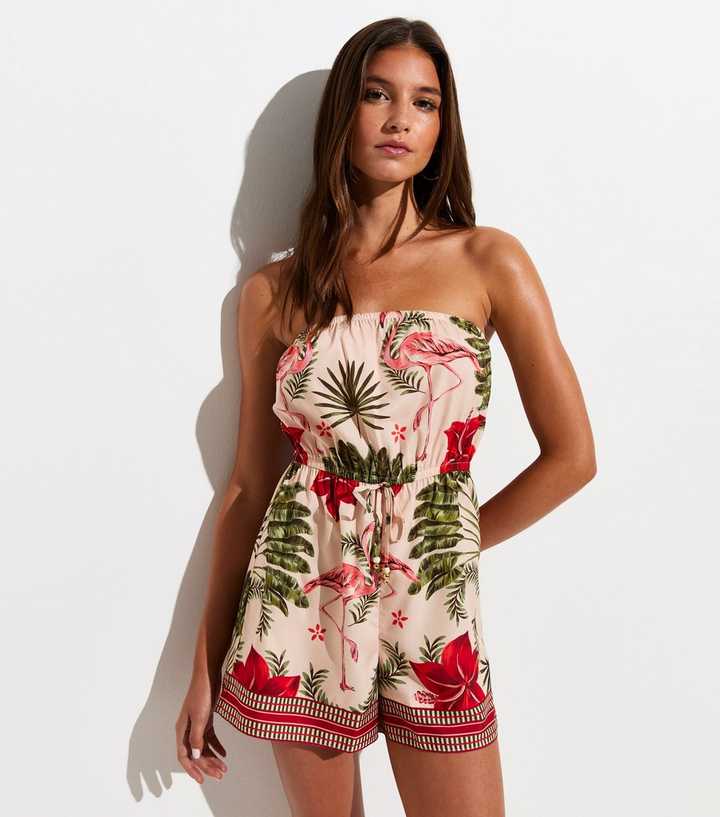 Pink Flamingo Print Crepe Playsuit