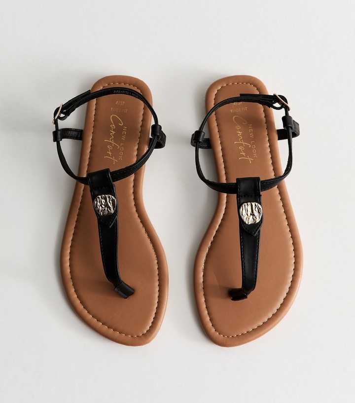 Wide Fit Black Faux Leather Hardware Detail Toe Post Sandals