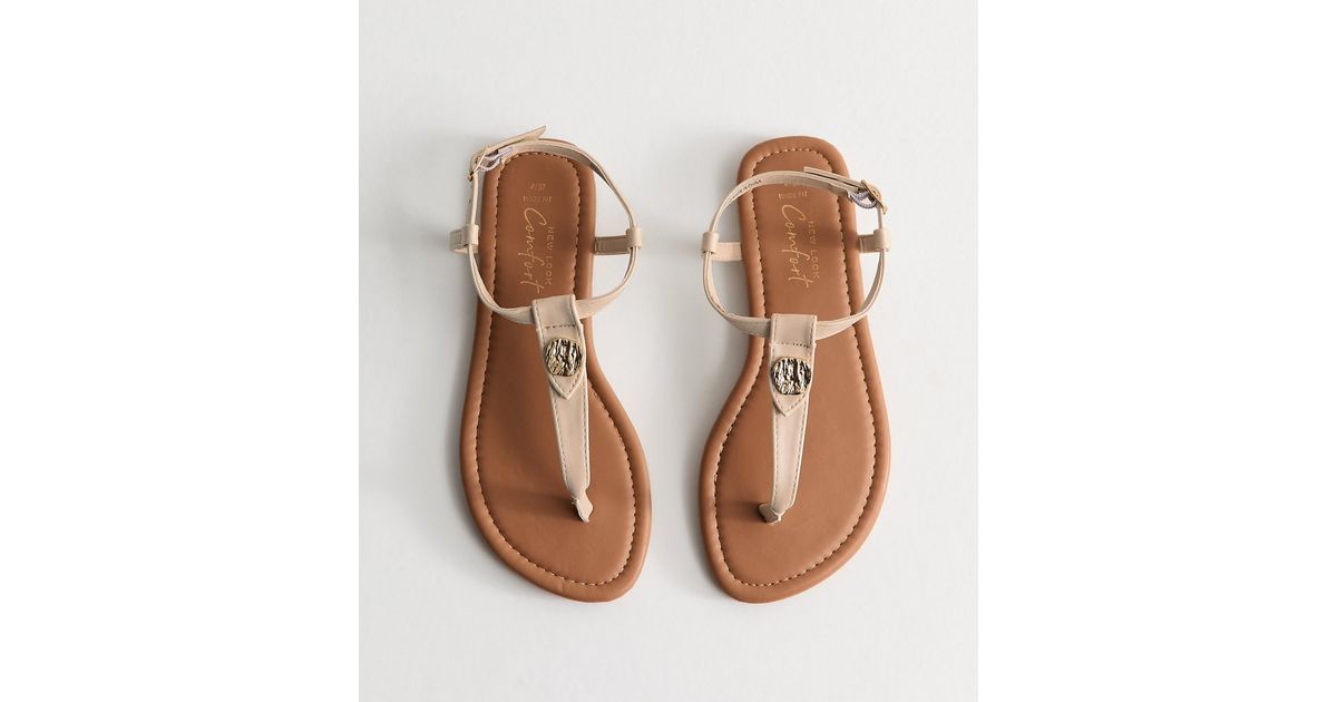 Wide Fit White Faux Leather Hardware Detail Toe Post Sandals | New Look