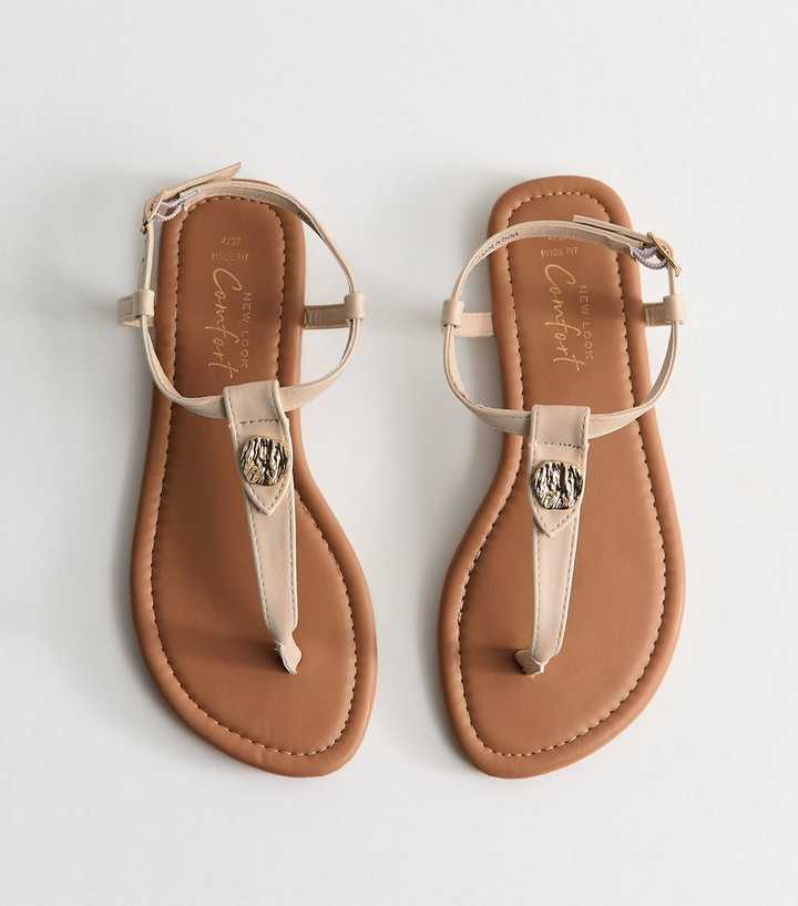 Wide Fit White Faux Leather Hardware Detail Toe Post Sandals