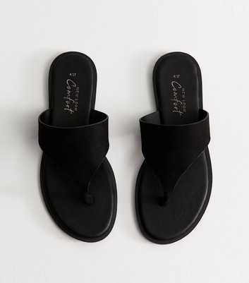 Black Faux Suede Wide Toe Strap Flat Sandals
