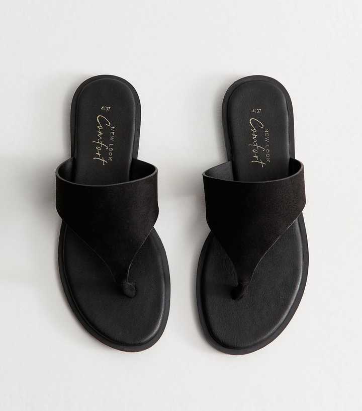 Black Faux Suede Wide Toe Strap Flat Sandals