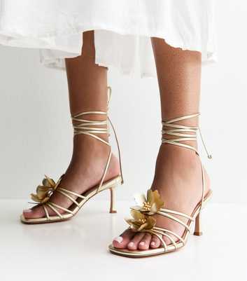 Gold Faux Leather Flower Strap Stiletto Sandals