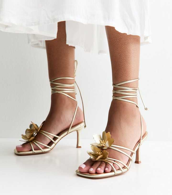Gold Faux Leather Flower Strap Stiletto Sandals