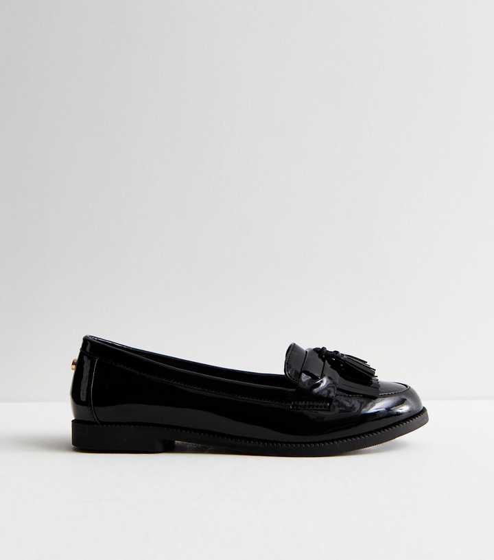 Black Patent Faux Leather Tassel Trim Loafers