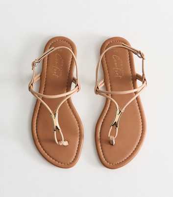 Oatmeal Faux Leather Hardware Detail Toe Post Sandals