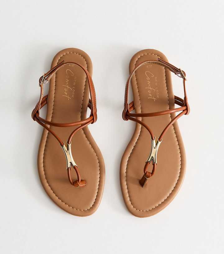 Tan Faux Leather Hardware Detail Toe Post Sandals