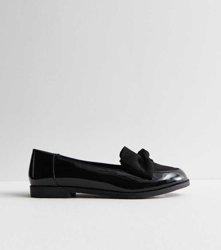 Black Faux Patent Leather Bow Loafers