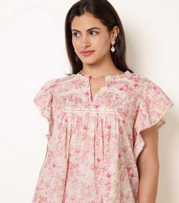 Blue Vanilla Pink Cotton Floral Ruffle Sleeve Blouse