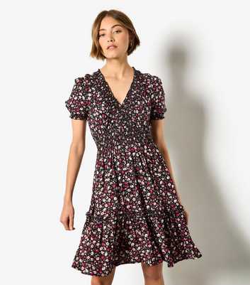Apricot Pink Floral Print Tiered Skirt Mini Dress
