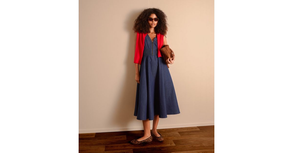 Blue Vanilla Dark Blue Denim Zip Front Midi Dress
