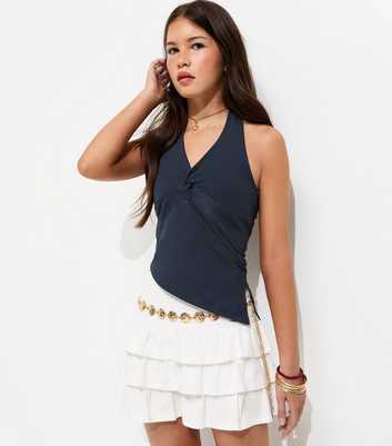 Girls Navy Cotton Rich Twist Front Halter Neck Top