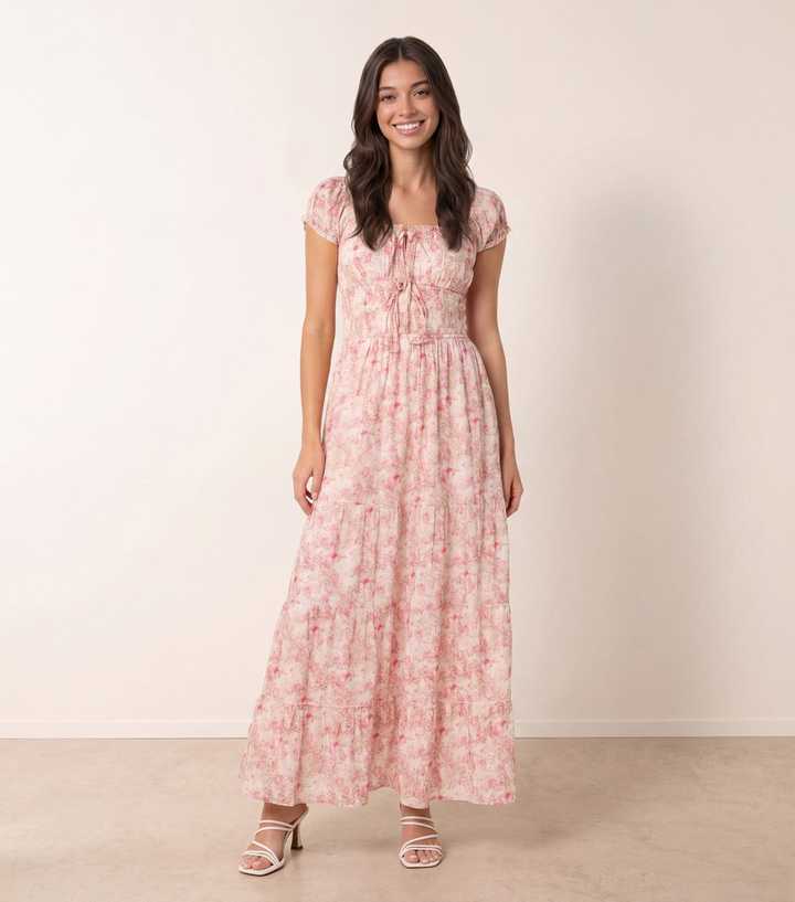 Blue Vanilla Pink Floral Print Tie Front Maxi Dress