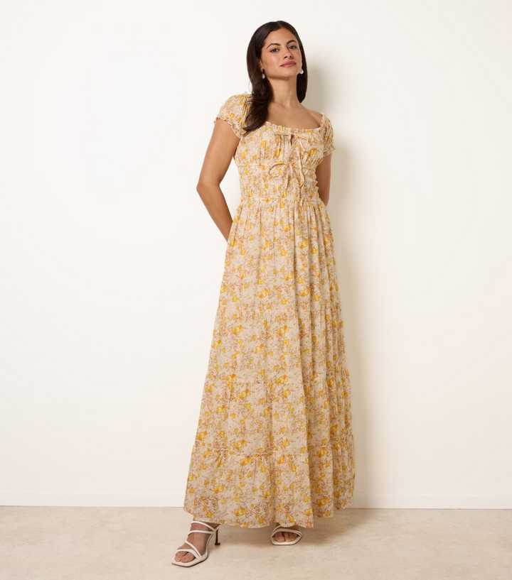 Blue Vanilla Yellow Floral Print Tie Front Maxi Dress