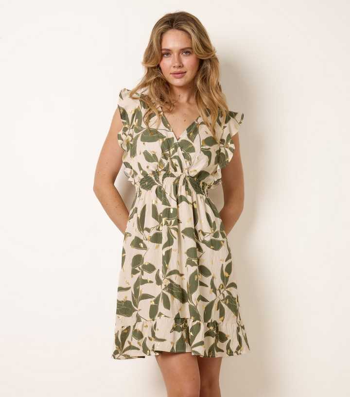 Blue Vanilla Dark Khaki Leaf Print Mini Dress