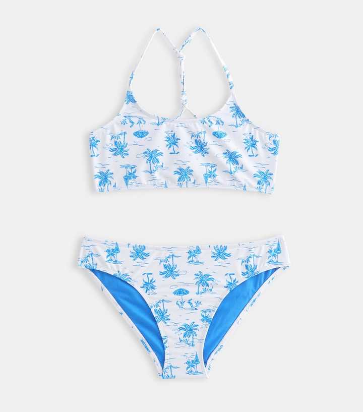 Girls White Palm Tree Print Triangle Bikini Top and Bottoms Set