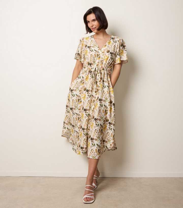 Blue Vanilla Yellow Leaf Print V-Neck Midi Dress