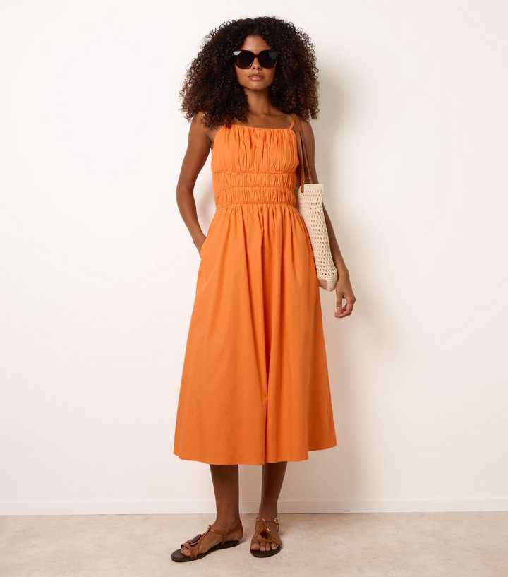 Blue Vanilla Bright Orange Ruched Bust Strappy Midi Dress