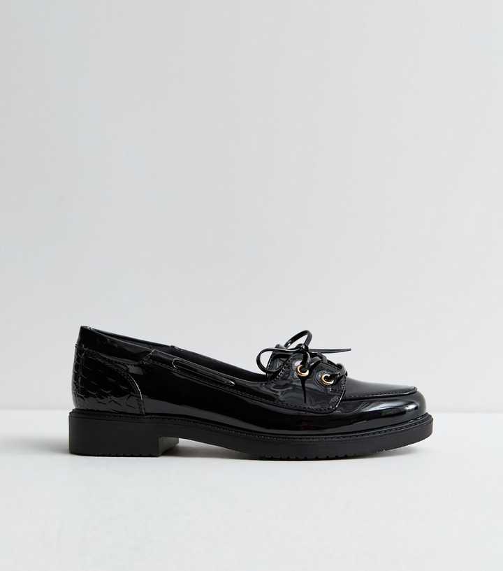 Black Patent Faux Leather Lace Up Loafers