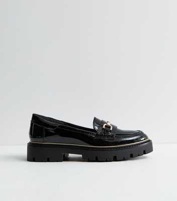 Black Patent Faux Leather Chunky Chain Loafers