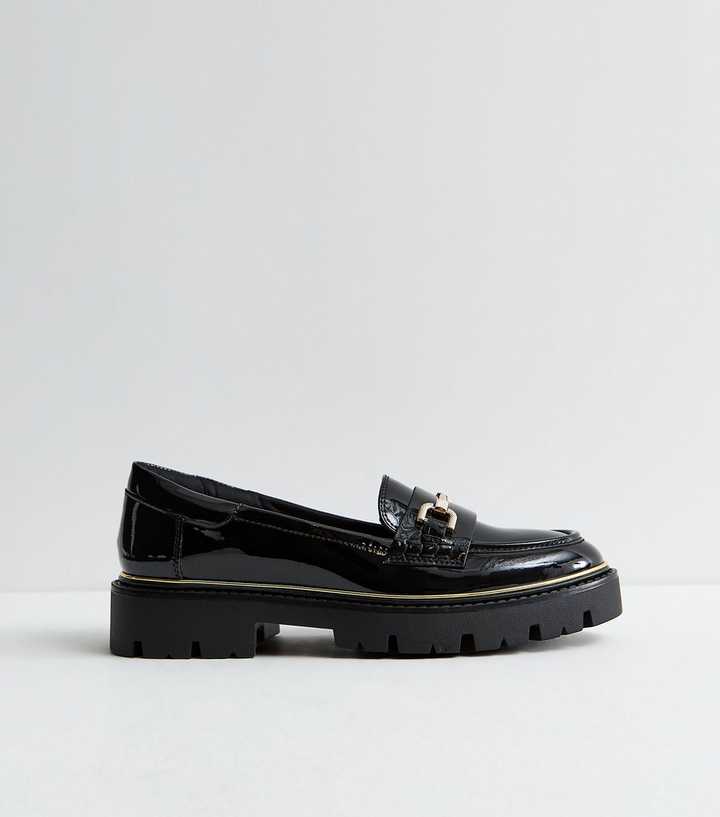 Black Patent Faux Leather Chunky Chain Loafers