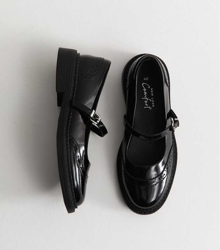 Black Patent Faux Leather Box Brogue Mary Jane Shoes
