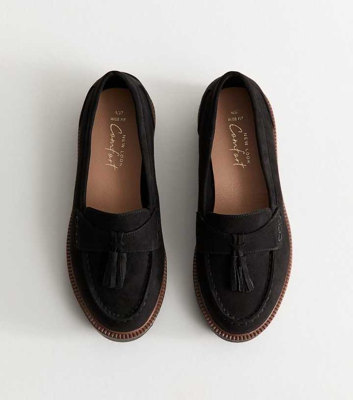 Wide Fit Black Faux Suede Chunky Sole Loafers