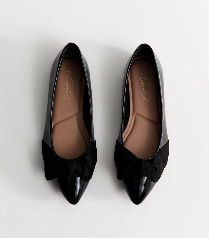 Wide Fit Black Faux Patent Leather Bow Ballet Flats