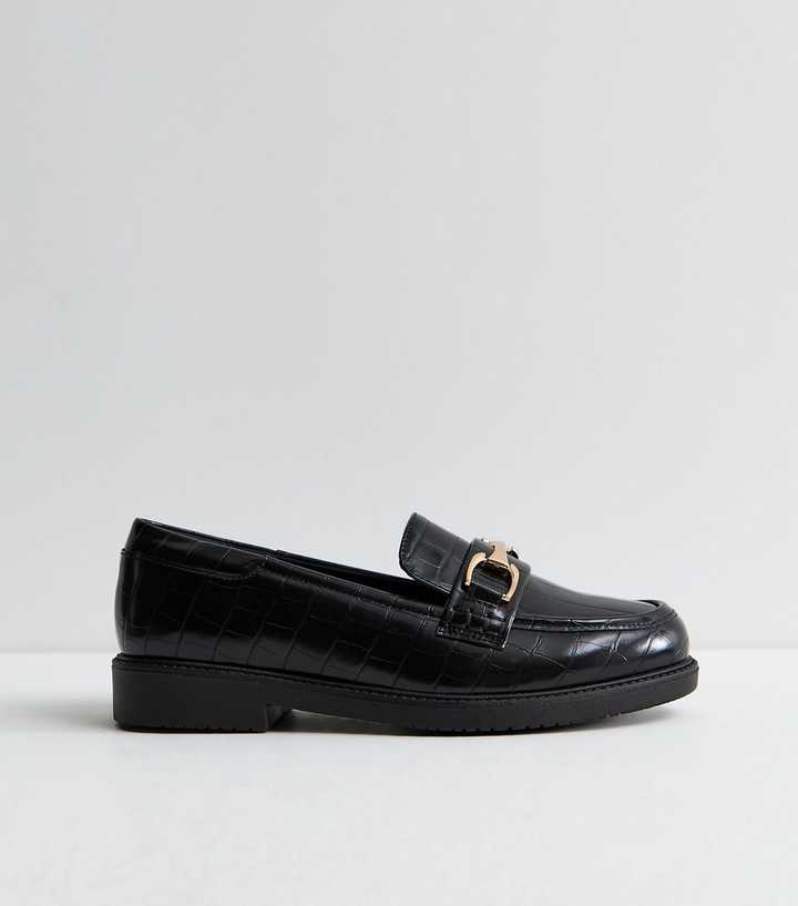 Wide Fit Black Faux Leather Croc Embossed Loafers