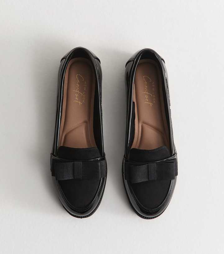 Black Patent Faux Leather Hardware Detail Almond Toe Loafers