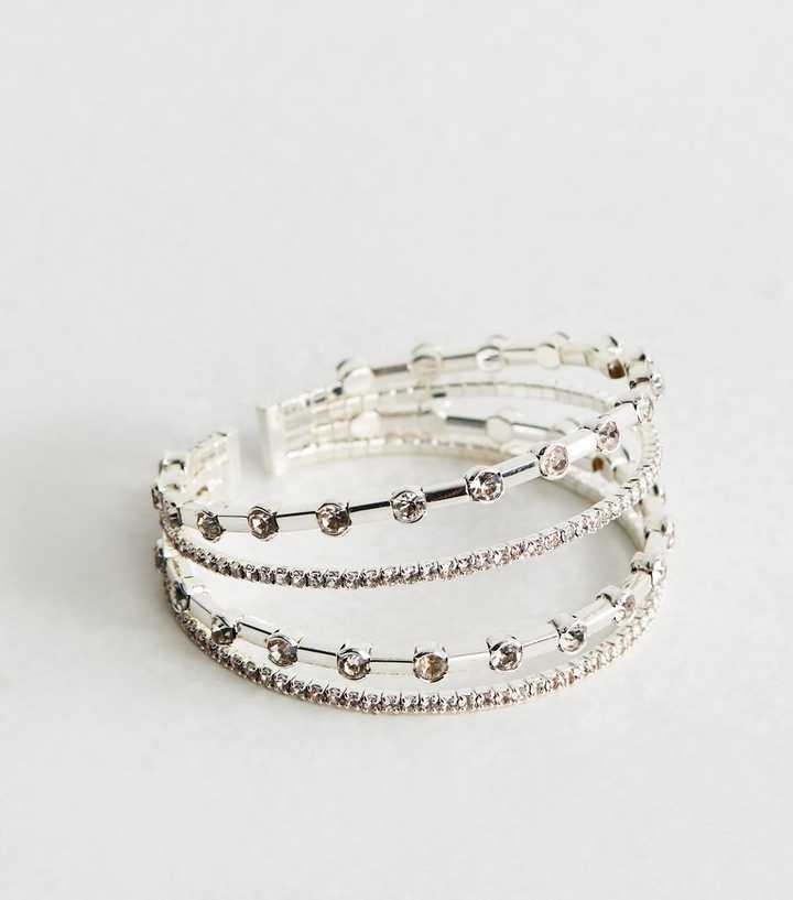 Silver Tone Four Row Diamante Embellished Cuff