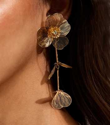 Gold Tone Sketchy Flower Drop Earrings
